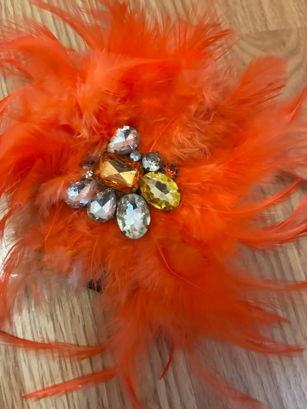 Vibrant Orange Ostrich Feather Hair Barrette with Crystal Rhinestone Centerpiece